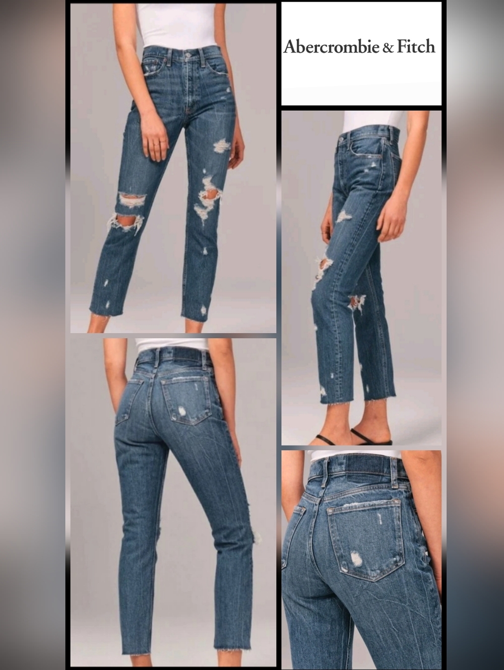 Abercrombie & Fitch Distressed High-Rise Curve Love Mom Jeans Raw Hem Dark Wash